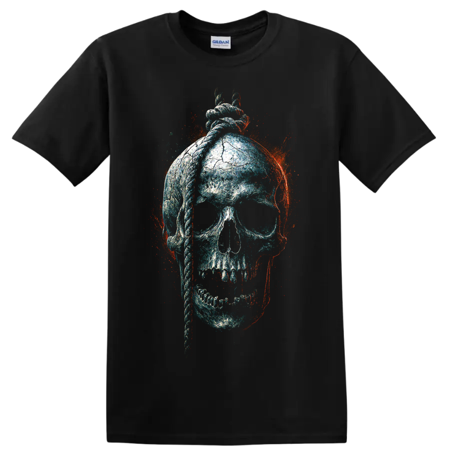 Distressed gothic skull with anatomical heart graphic art on a Black T Shirt