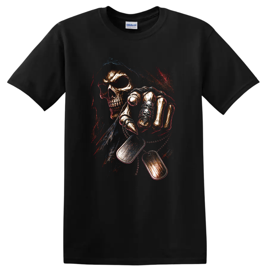Distressed gothic skull graphic with vivid red, blue, and orange accents on a Black T Shirt