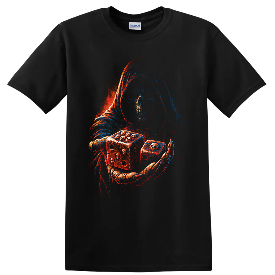 Hooded skull figure holding dice in red and blue gothic horror art on a Black T Shirt