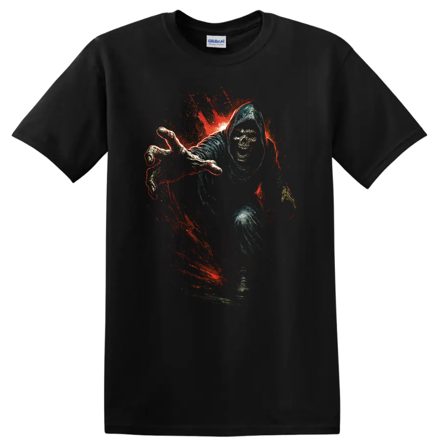 Hooded skull reaper with red splatter gothic horror graphic on a Black T Shirt