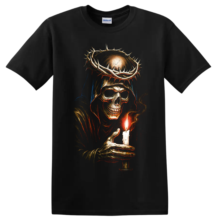 Gothic grim reaper skull holding a glowing candle beneath a crown of thorns on a Black T Shirt