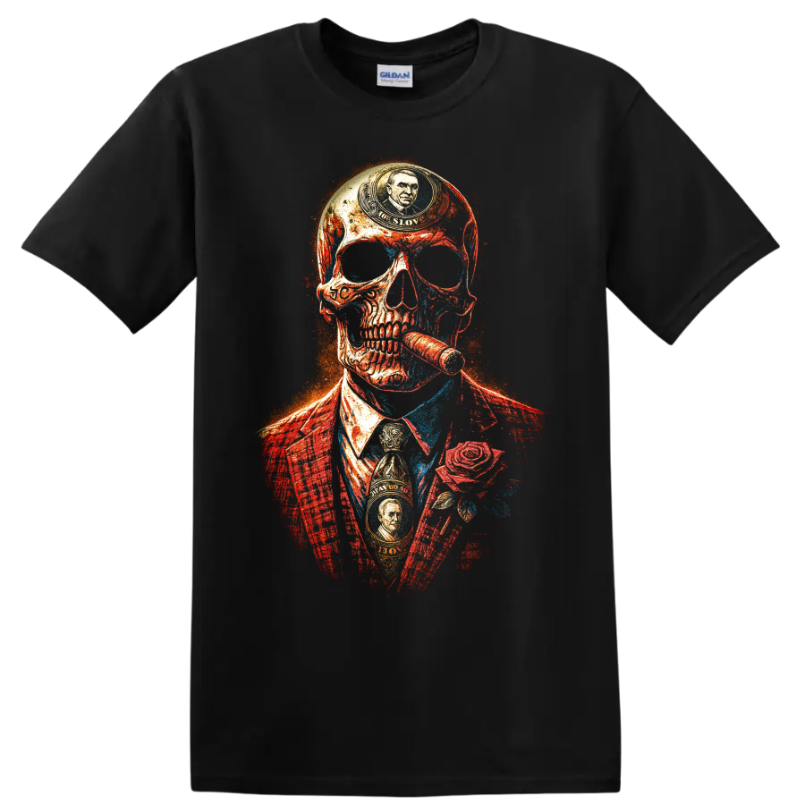 Distressed gangster skull in suit with cigar and rose graphic on a Black T Shirt