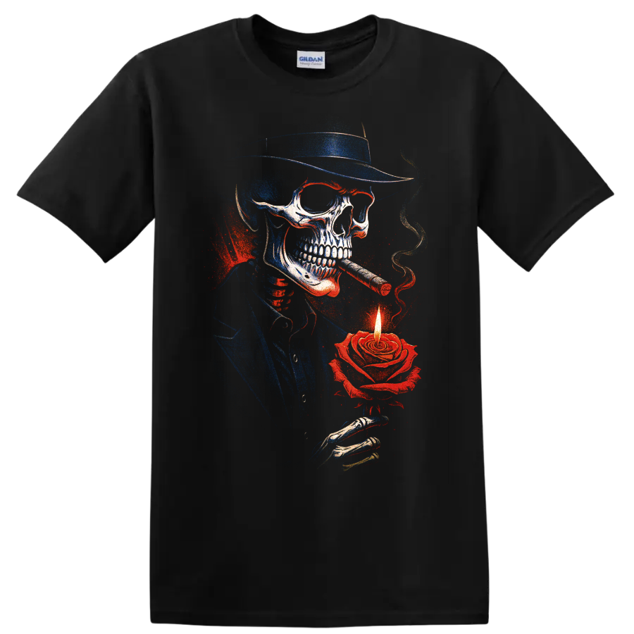 Gothic skull cowboy with cigar and glowing rose candle graphic on a Black T Shirt