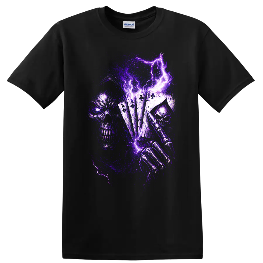 Gothic skull holding playing cards with purple lightning artwork on a Black T Shirt