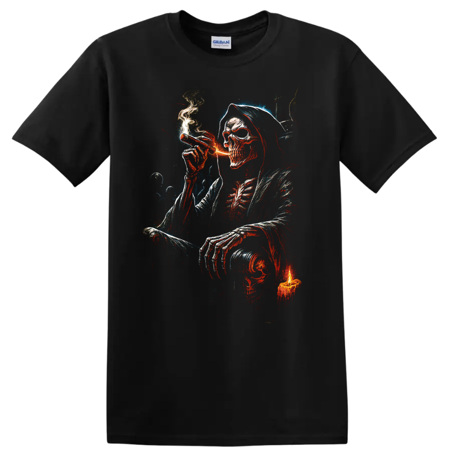 Hooded smoking skeleton skull with candle in distressed gothic art on a Black T Shirt