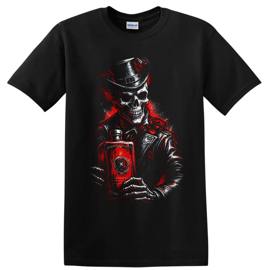 Gothic skull in top hat holding a book with red distressed artwork on a Black T Shirt