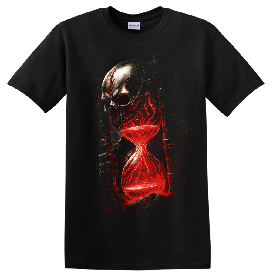 Gothic skull hourglass with glowing red lightning graphic on a Black T Shirt