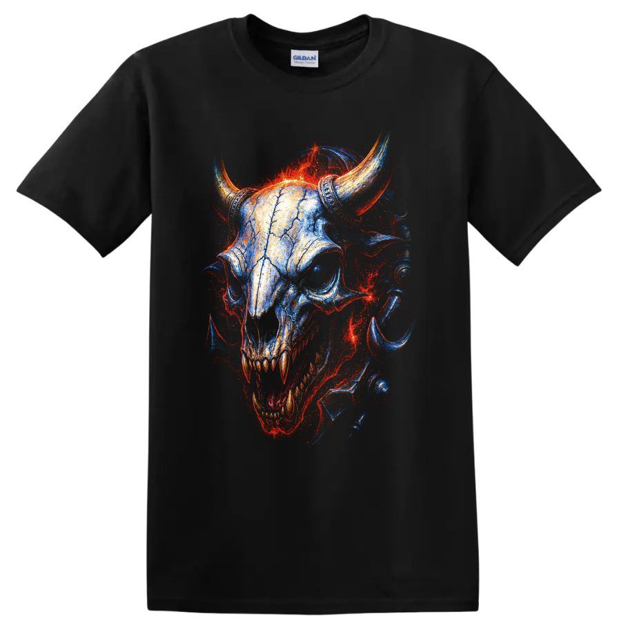 Horned skull gothic artwork with vivid blue, red, and orange fire-like detail on a Black T Shirt