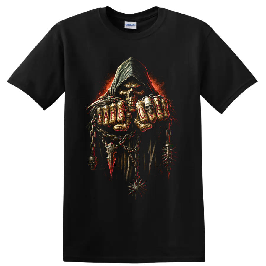 Grim reaper skull with hood, chains, spikes, and gothic distressed art on a Black T Shirt