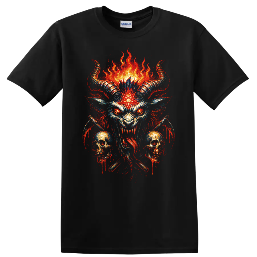 Horned demon skull with flames and red star gothic graphic print on a Black T Shirt