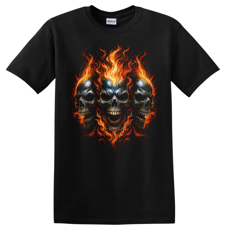 Flaming triple skull gothic horror graphic with vivid swirling fire on a Black T Shirt