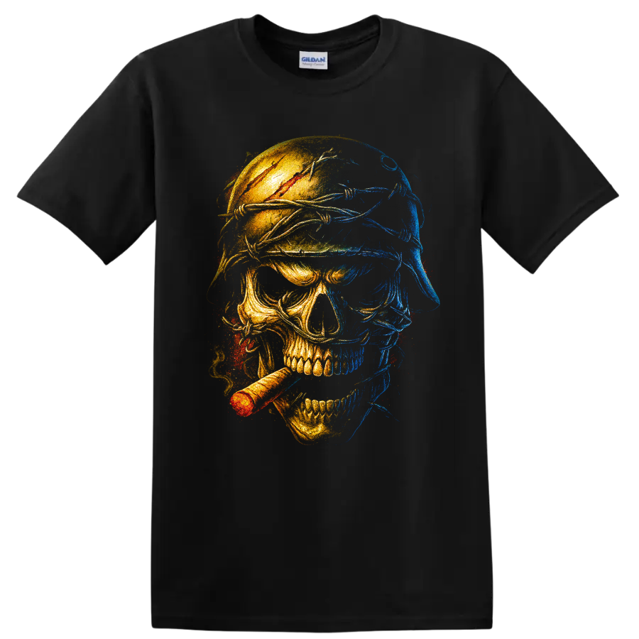 Blue and gold split-face skull graphic with cigar and distressed gothic art on a Black T Shirt