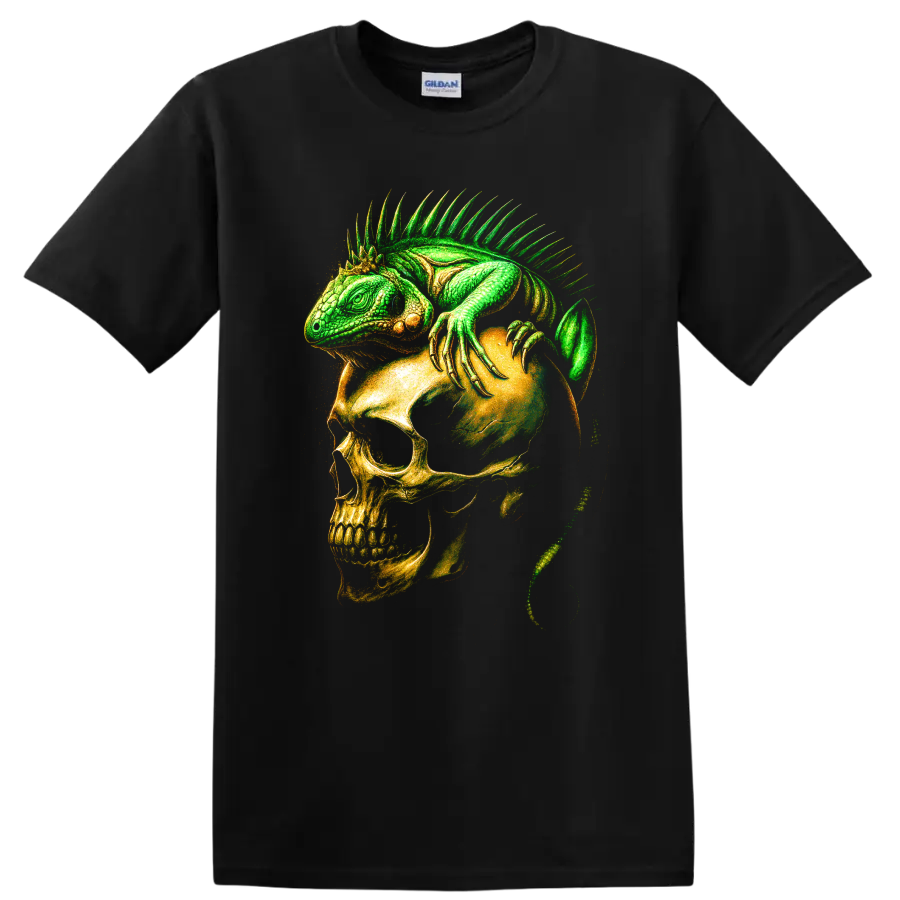 Green iguana draped over a skull in detailed gothic horror art on a Black T Shirt
