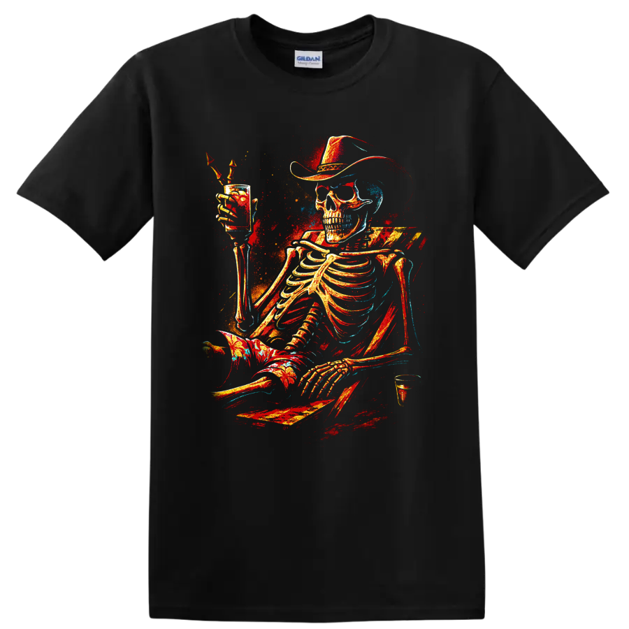 Western gothic skeleton cowboy raising a cocktail glass with colorful splatter art on a Black T Shirt
