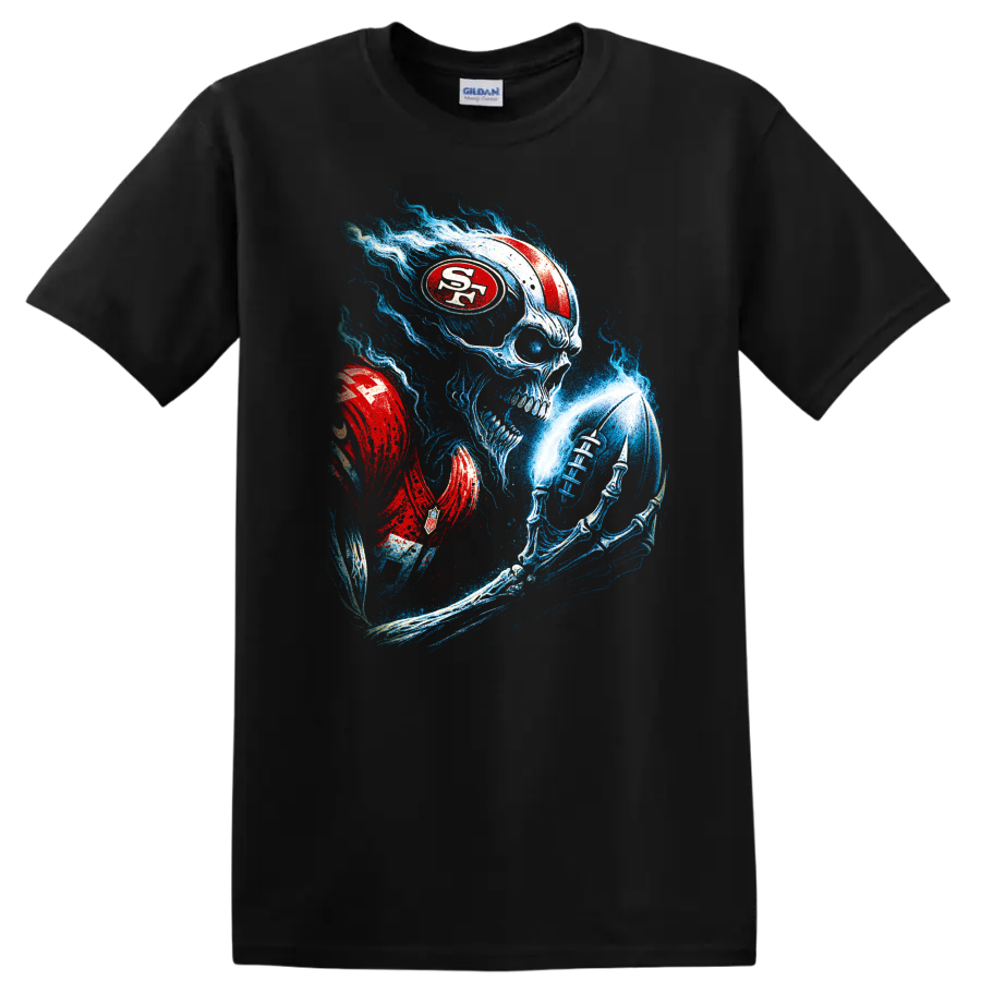 Gothic skull football player with red helmet and blue flames on a Black T Shirt