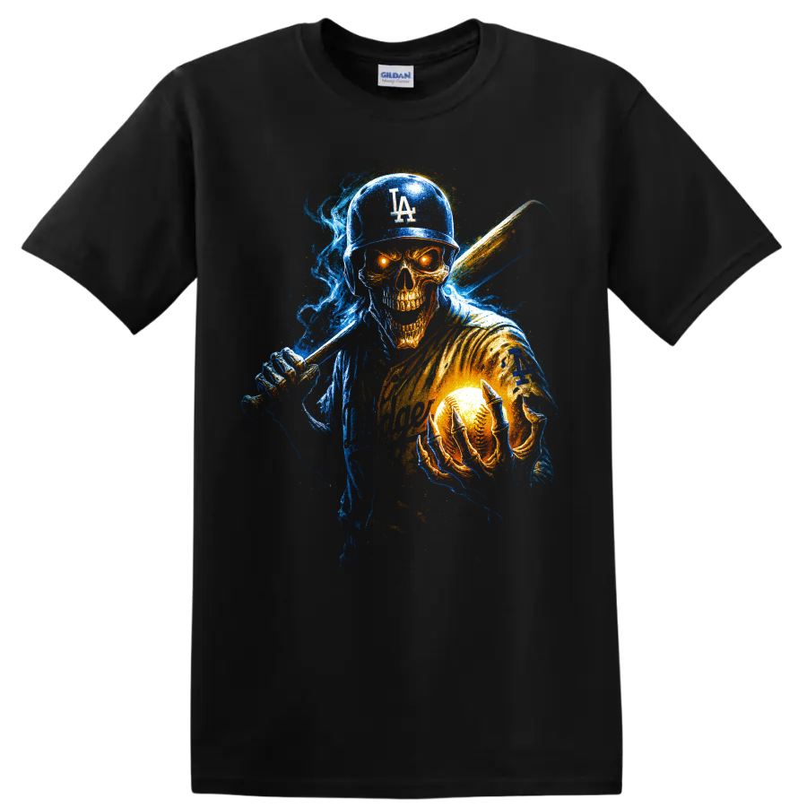 Neon horror baseball skull player with bat and glowing baseball on a Black T Shirt