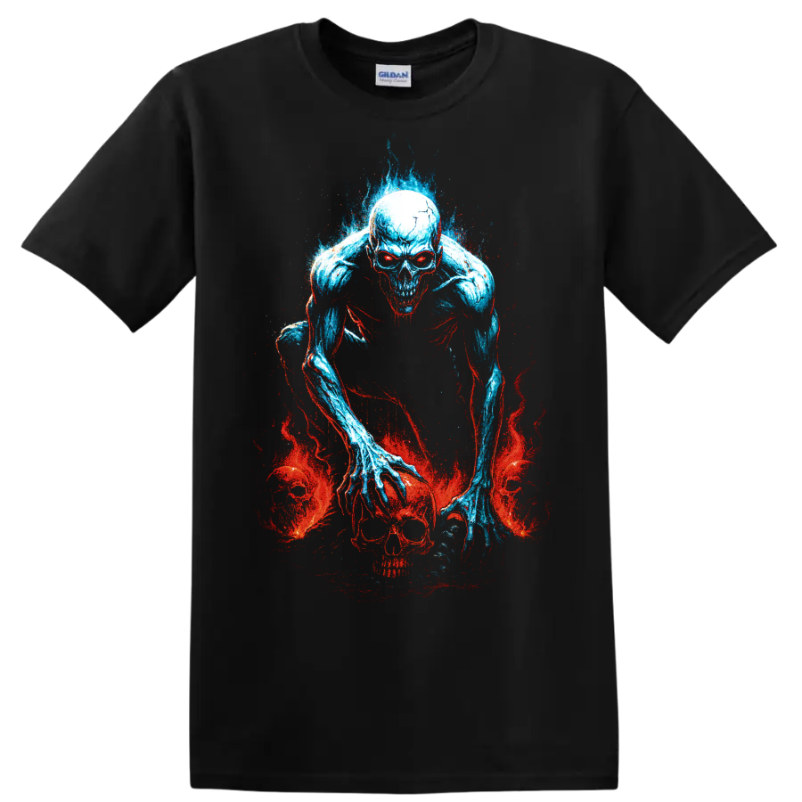 Blue undead skeleton skull with red flames gothic horror graphic on a Black T Shirt