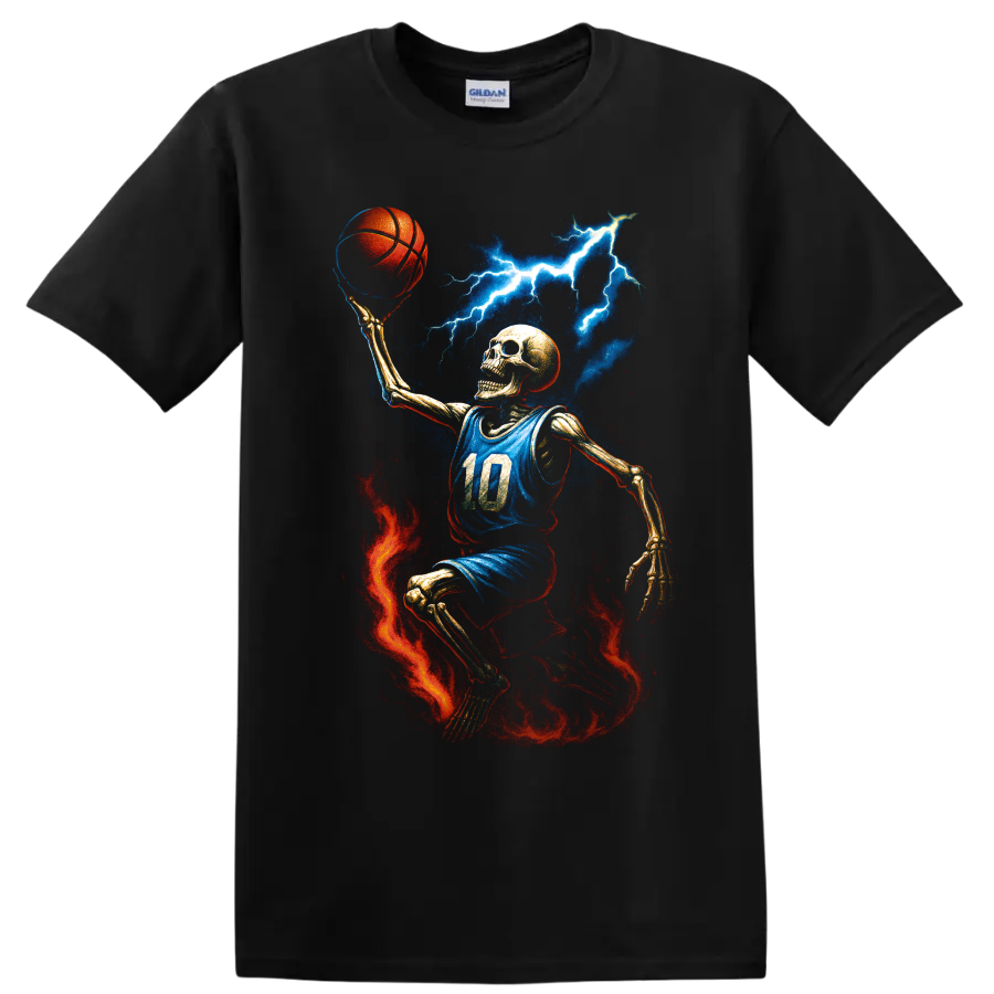 Skeleton basketball player with lightning, fire, and blue jersey on a Black T Shirt