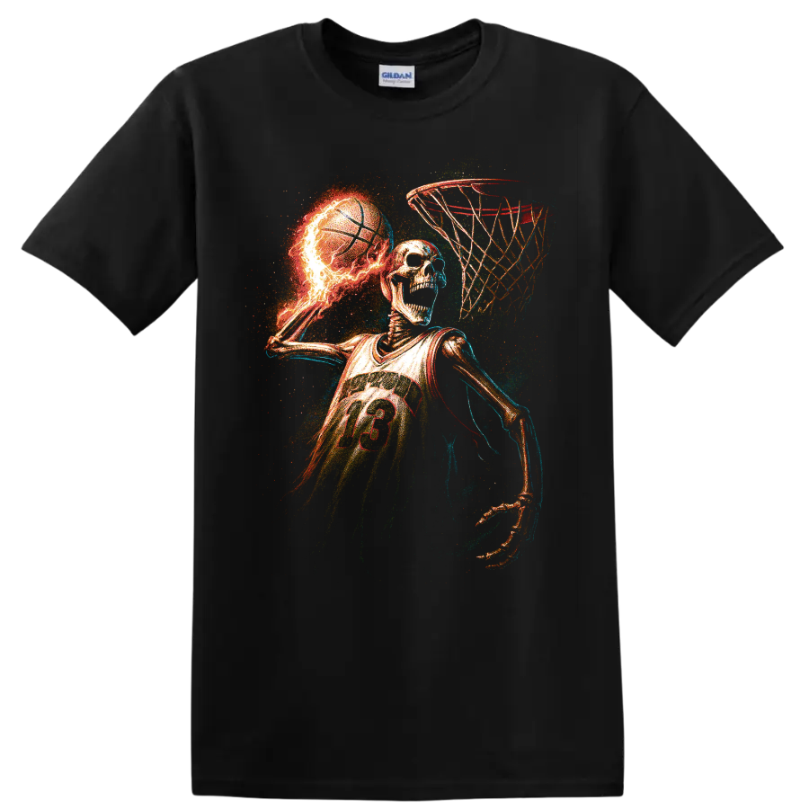 Fiery skeleton basketball player slam dunk graphic with glowing neon effects on a Black T Shirt