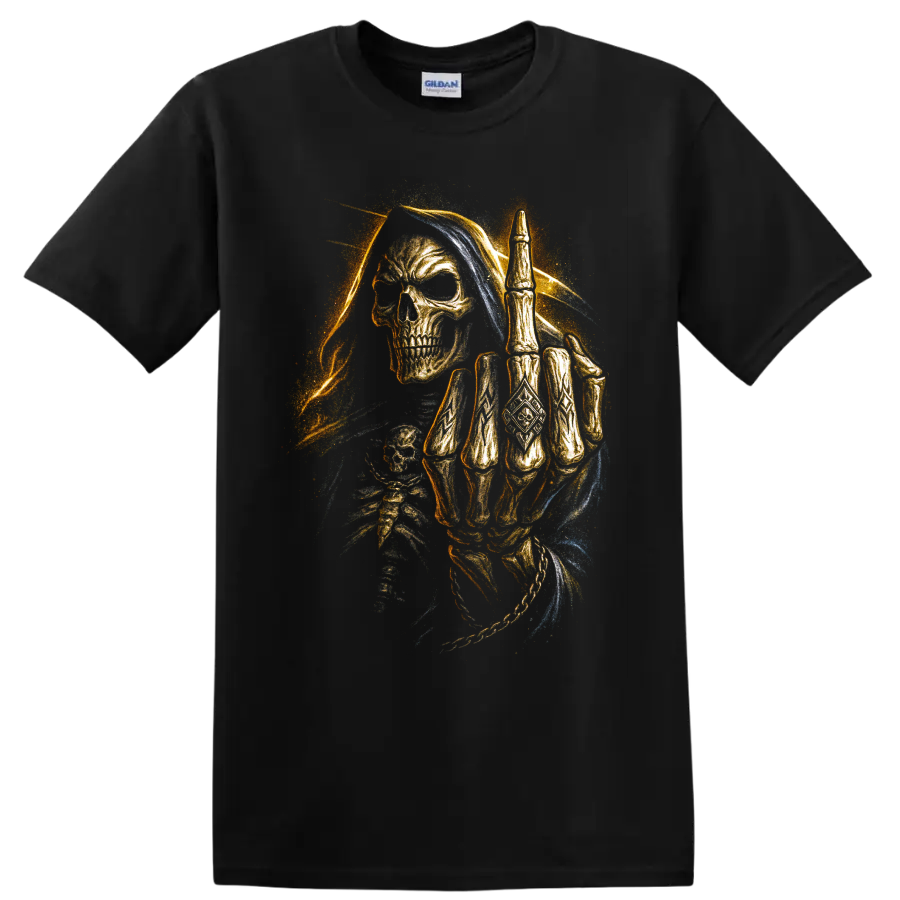 Hooded Grim Reaper skull with raised skeletal hand in gothic dark art on a Black T Shirt