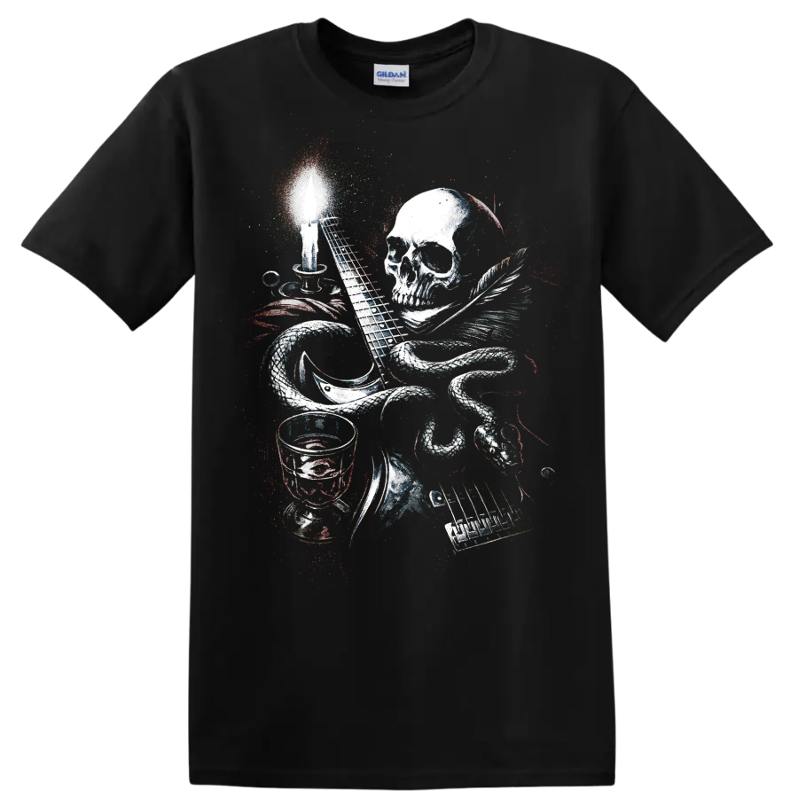 Colorful skull music graphic with guitar, drums, keyboard, and microphone on a Black T Shirt