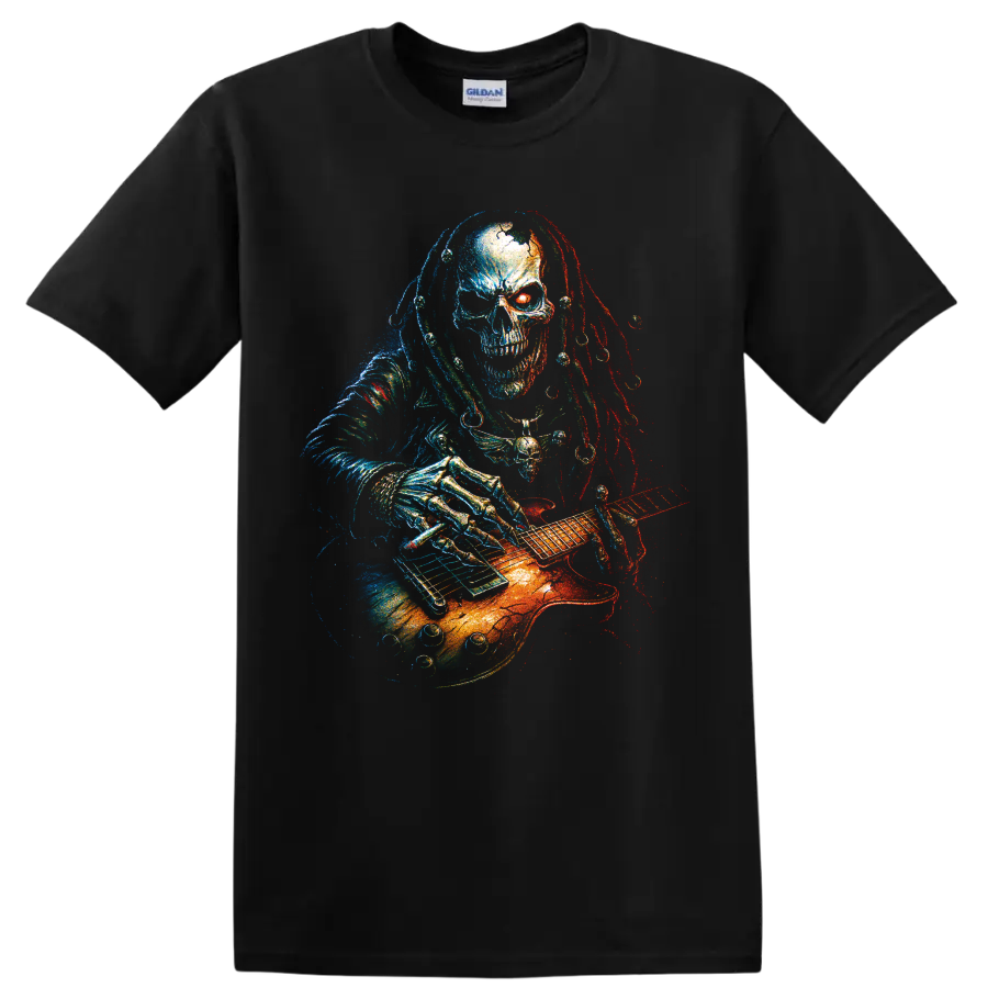 Gothic skull guitarist playing an electric guitar in neon distressed art on a Black T Shirt