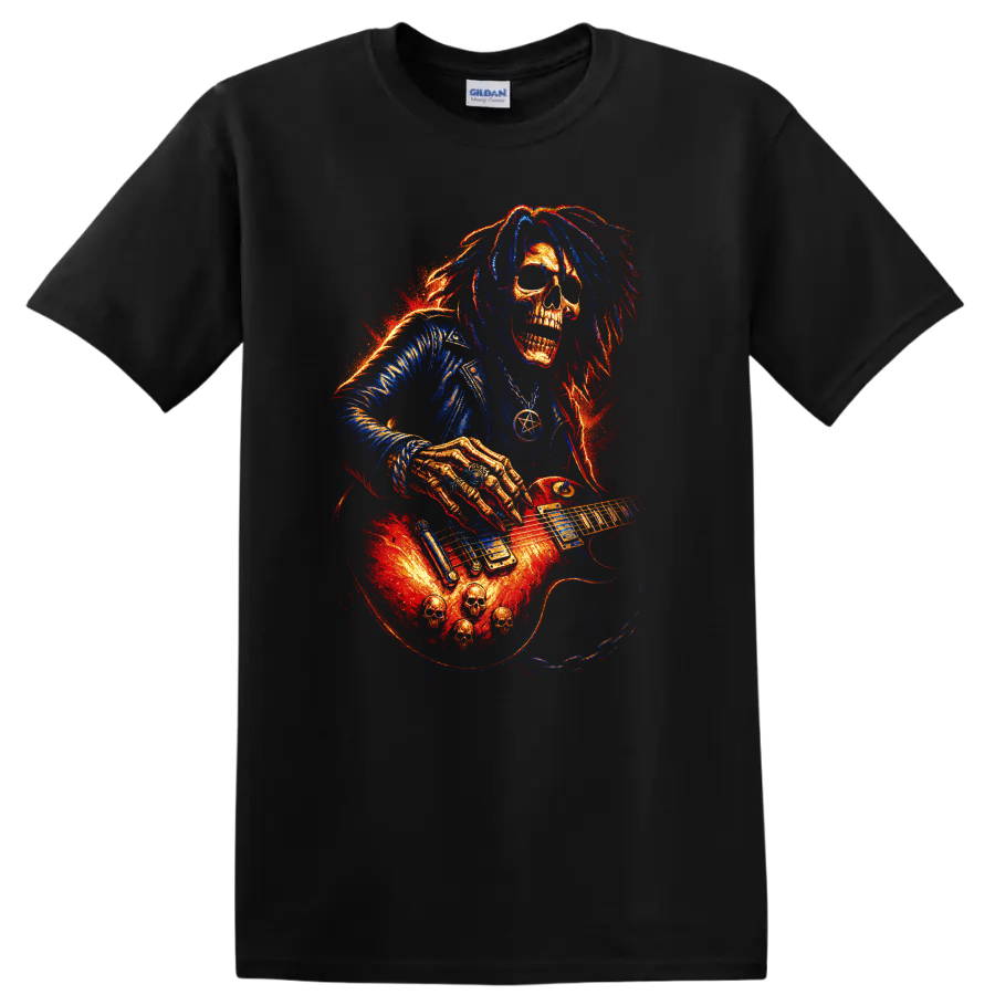Fiery gothic skull guitarist playing electric guitar graphic on a Black T Shirt