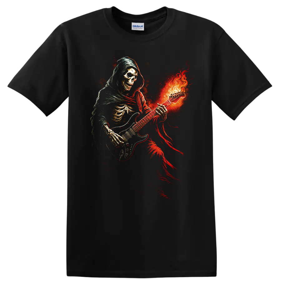 Hooded skull guitarist with fiery red and orange gothic artwork on a Black T Shirt