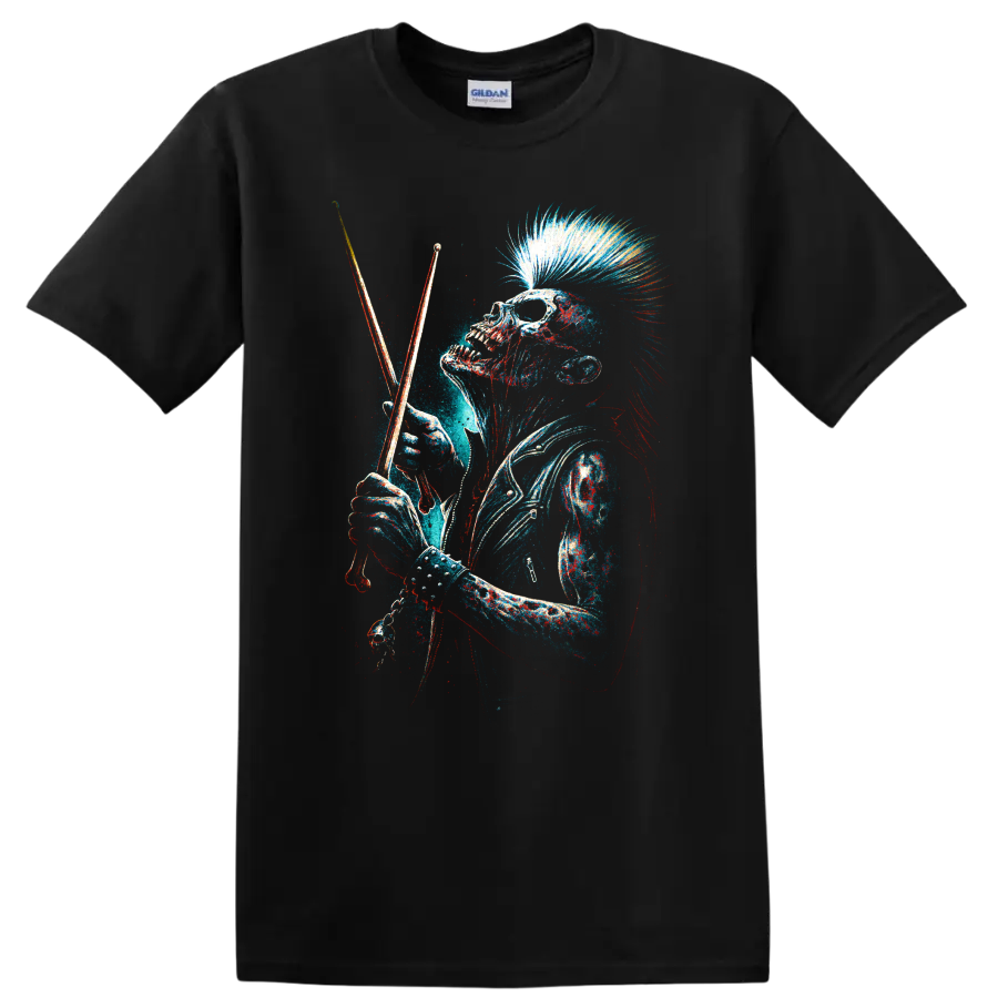 Punk rock skull drummer with mohawk holding drumsticks, distressed graphic art on a Black T Shirt