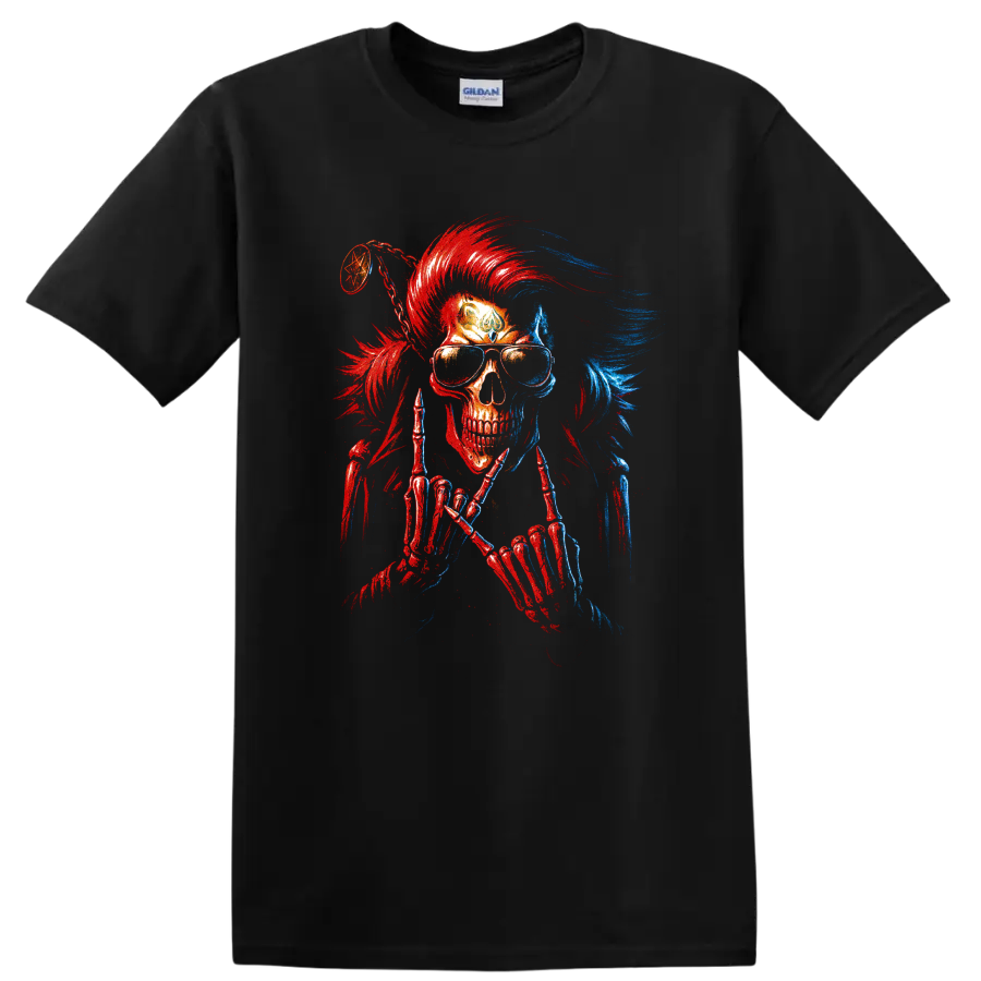 Gothic skull warrior with red and blue mohawk, sunglasses, and skeletal hands on a Black T Shirt