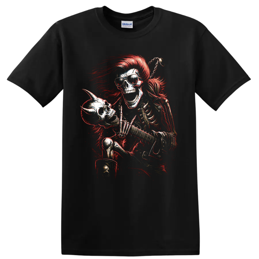 Gothic skeleton guitarist with sunglasses, red mohawk, and electric guitar on a Black T Shirt