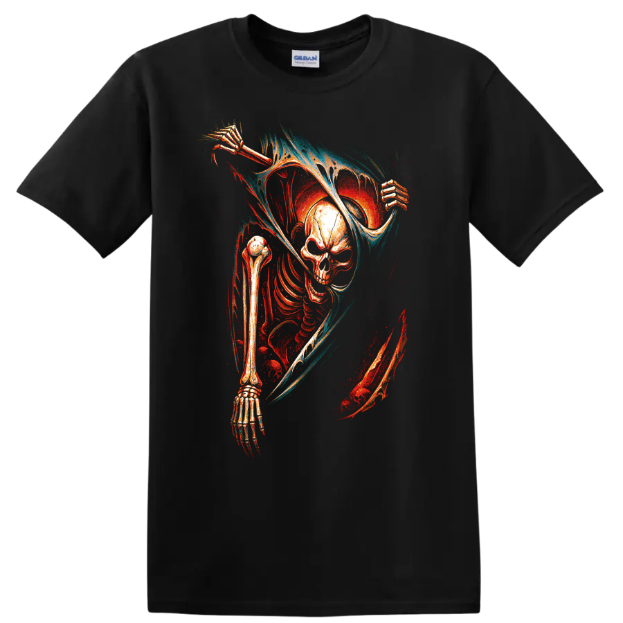Skull reaper with hooded skeletal figure in vivid gothic horror art on a Black T Shirt