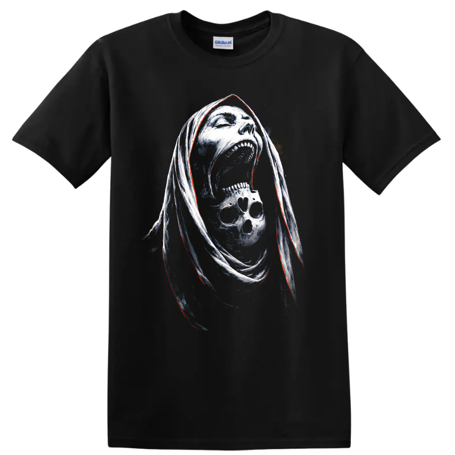 Hooded reaper skull graphic with screaming face and smaller skull on a Black T Shirt