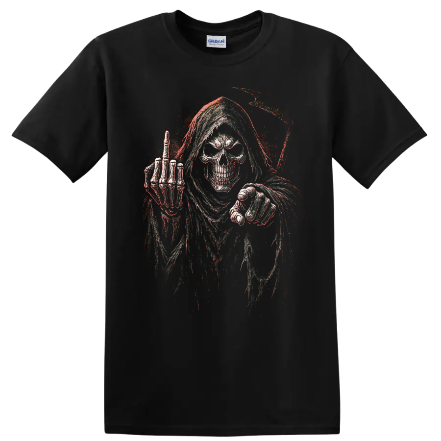 Distressed grim reaper skull gothic horror skeleton graphic on a Black T Shirt