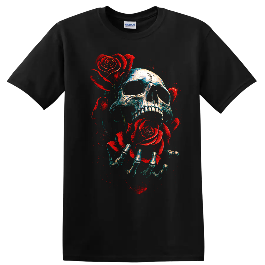 Gothic skull with red roses and skeletal hands distressed graphic on a Black T Shirt