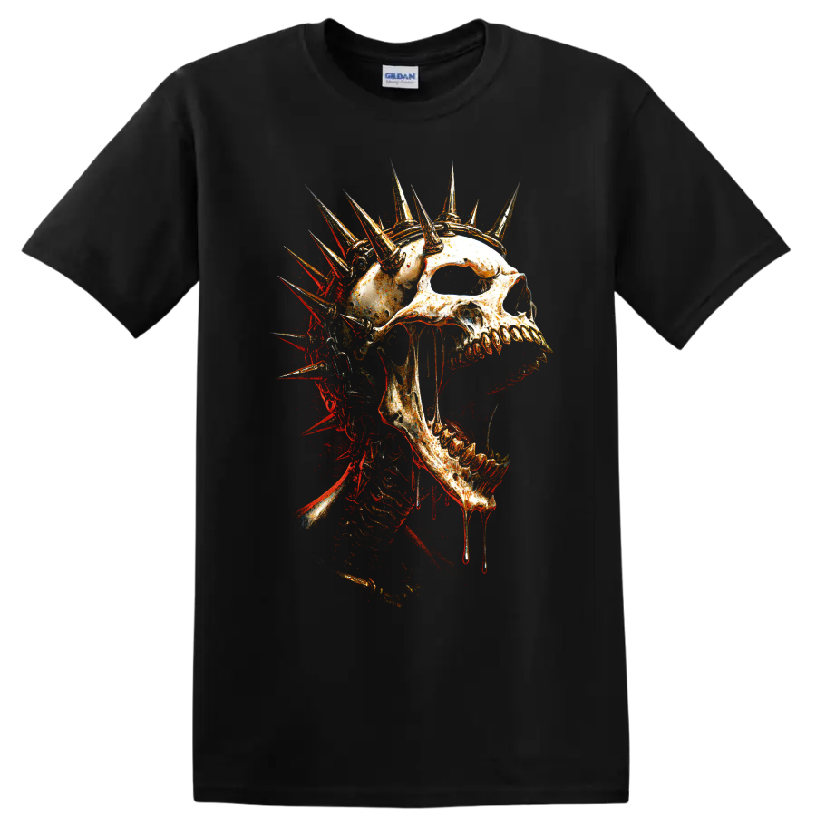 Spiked crown skull graphic in distressed gothic horror style on a Black T Shirt