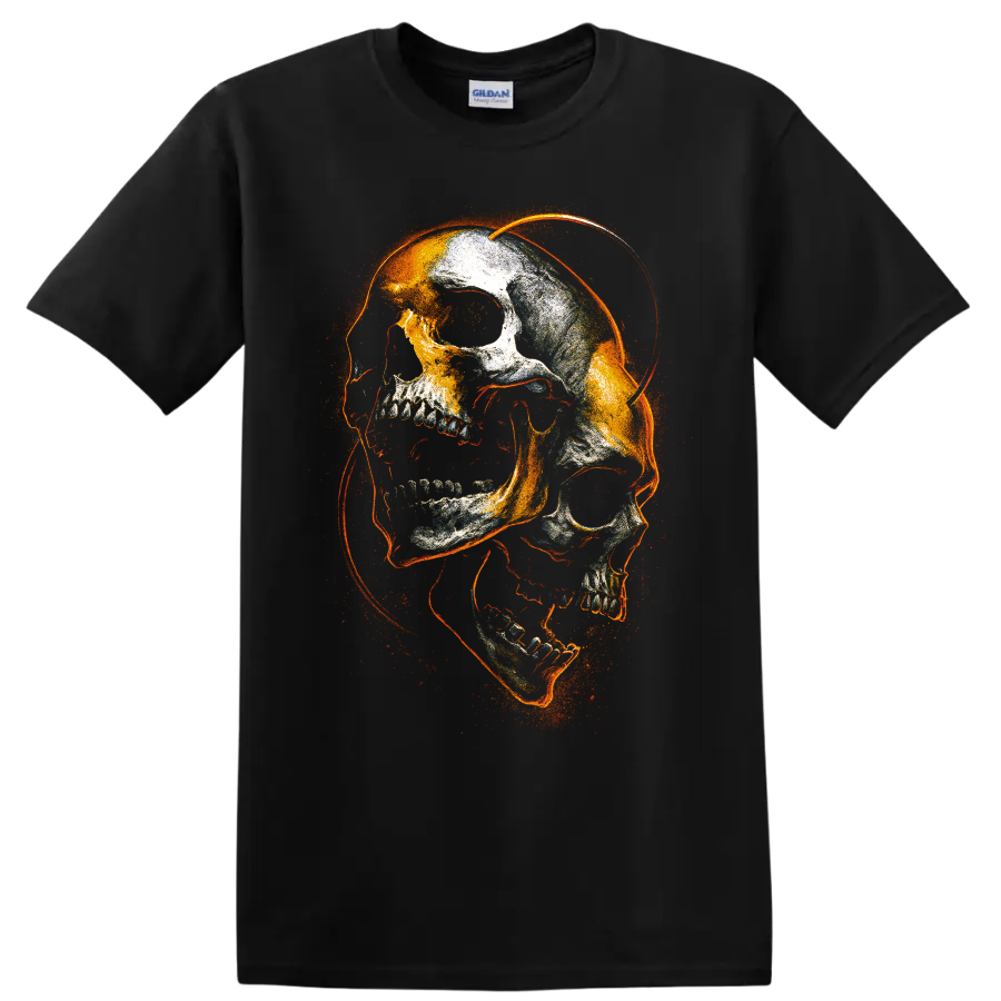 Fiery distressed gothic skull skeleton graphic with orange sparks on a Black T Shirt