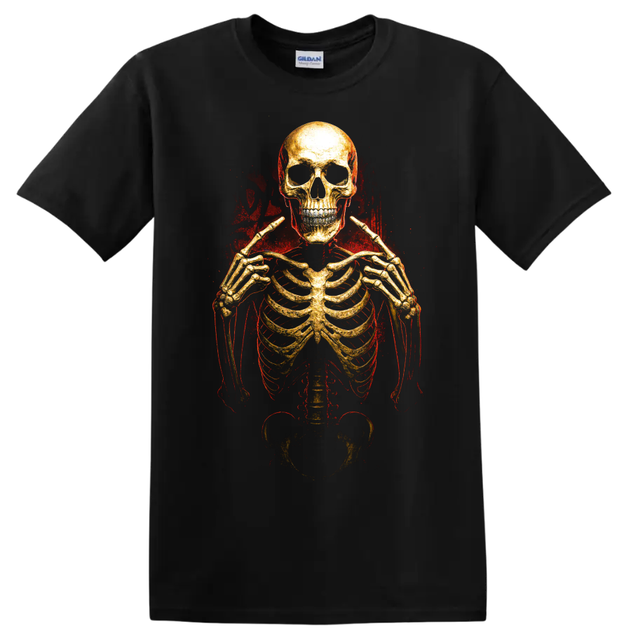 Golden skeleton skull graphic with red grunge horror styling on a Black T Shirt