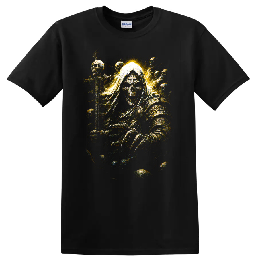 Hooded skull reaper in ornate golden armor with ghostly smoke on a Black T Shirt