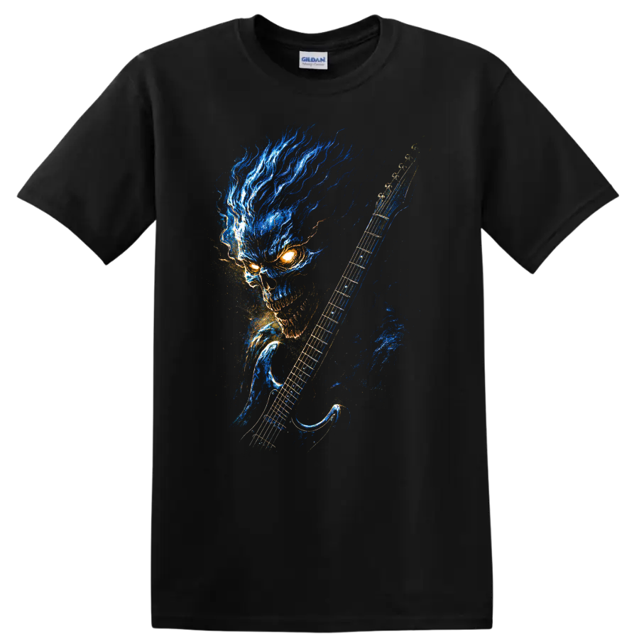 Blue flame skull with electric guitar gothic rock graphic on a Black T Shirt