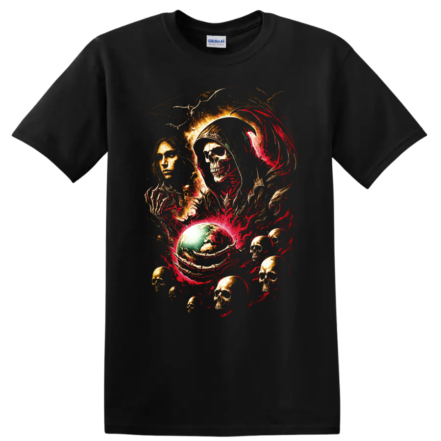 Gothic reaper skull and raven horror art with red and gold details on a Black T Shirt