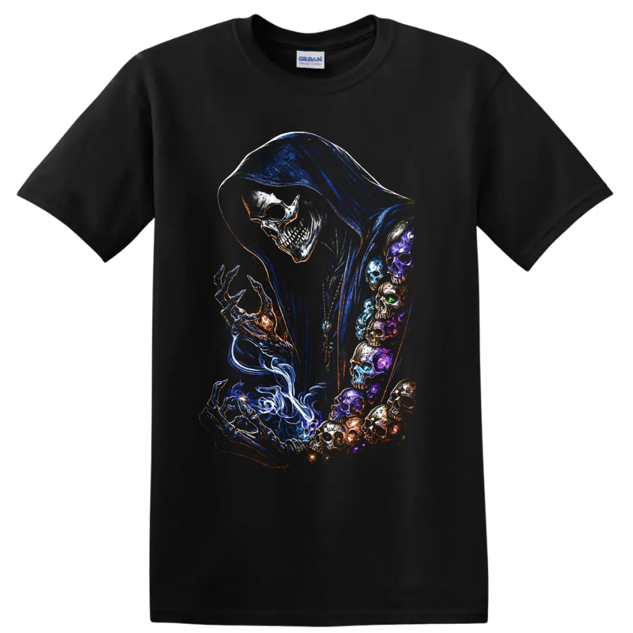 Hooded skull reaper graphic with neon blue hood and swirling colorful skull art on a Black T Shirt
