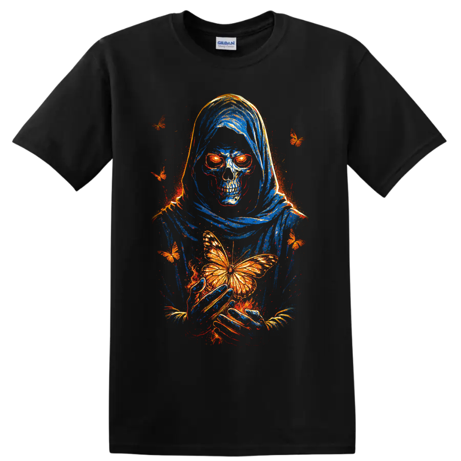 Hooded skeleton skull holding an orange butterfly, gothic distressed art on a Black T Shirt