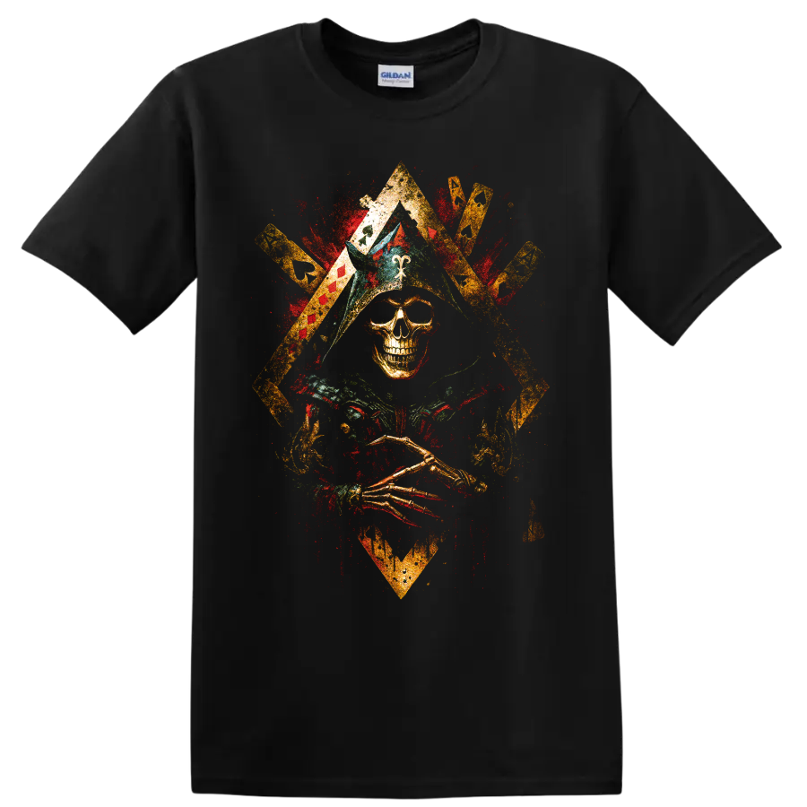 Distressed gothic skull graphic with crossed golden elements and red accents on a Black T Shirt