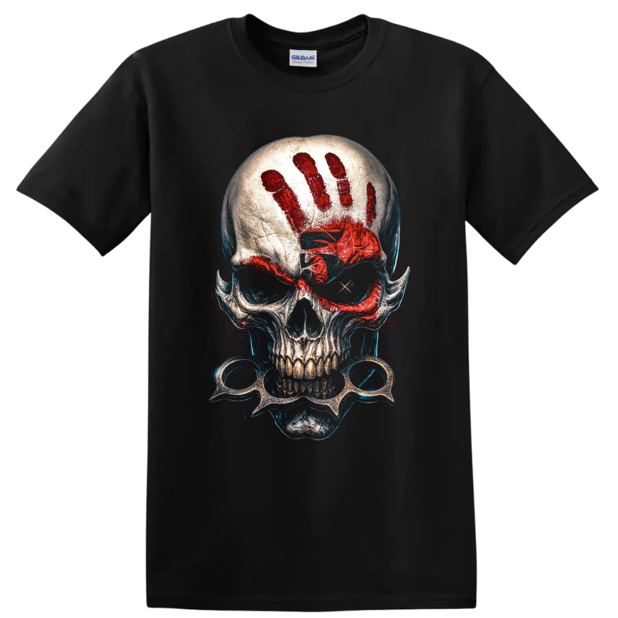 Gothic skull graphic with red handprint, spectacles, and blue splatter on a Black T Shirt