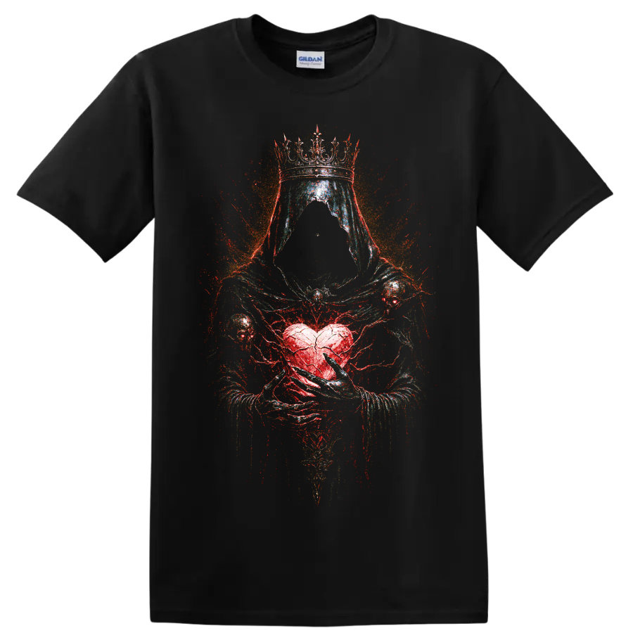 Crowned hooded skull with red heart gothic horror graphic on a Black T Shirt