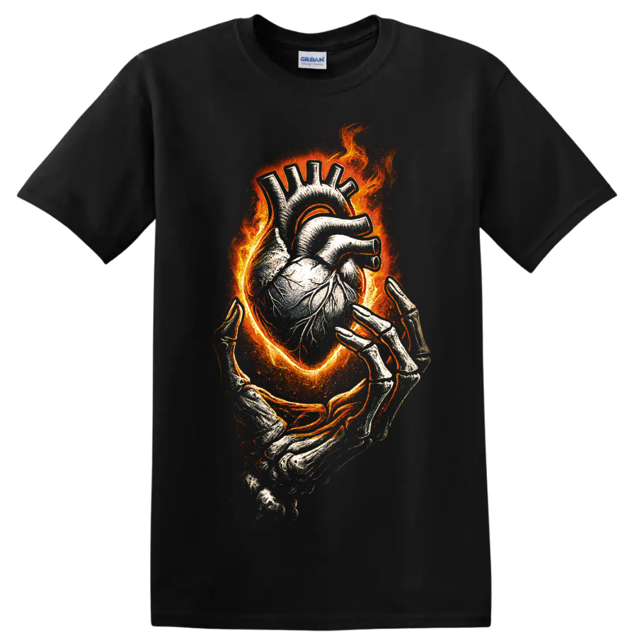 Flaming anatomical heart held by skeletal hands with gothic horror artwork on a Black T Shirt