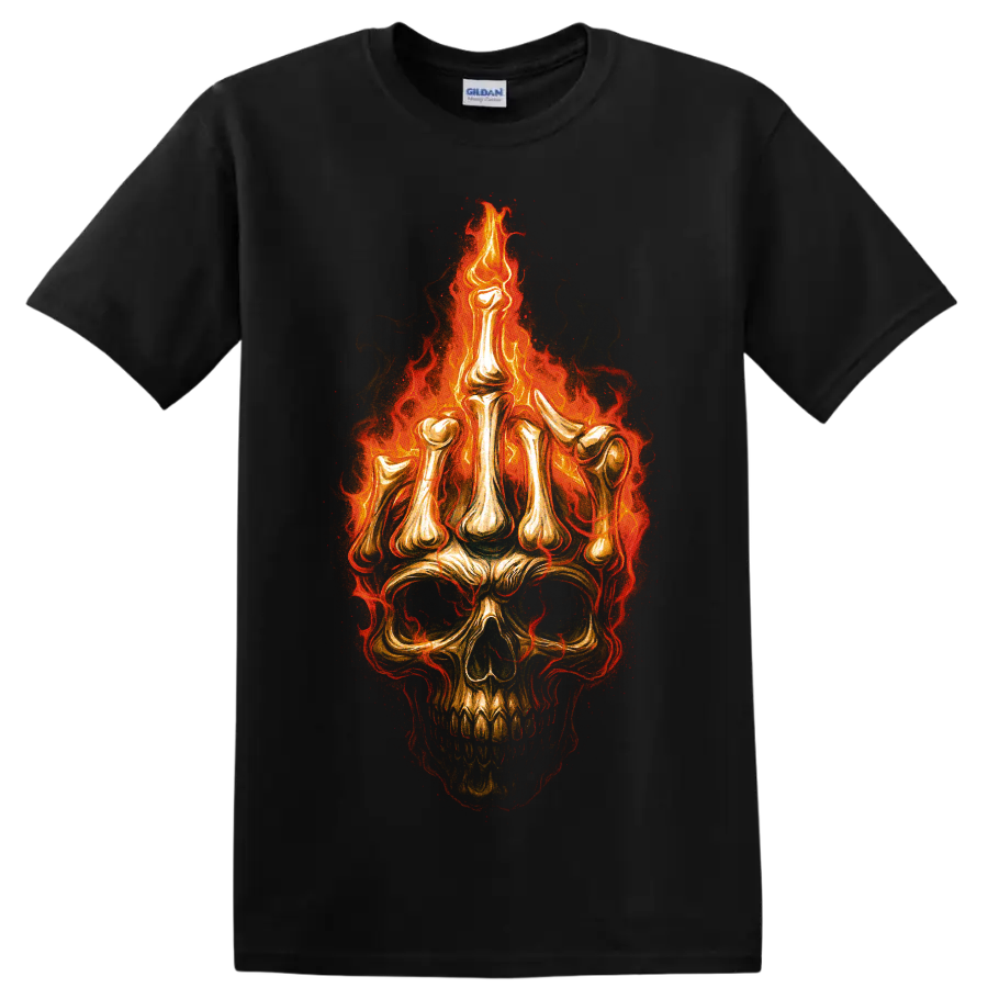Flaming skull graphic with glowing gothic fire and distressed dark art on a Black T Shirt