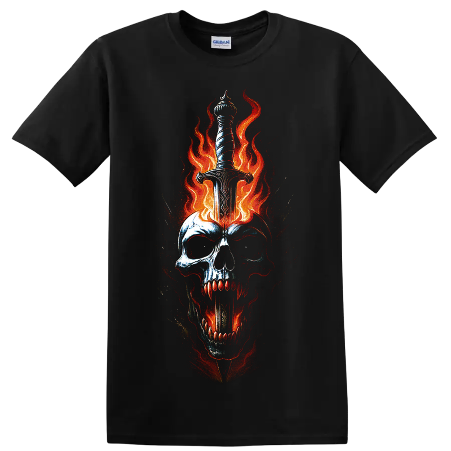 Fiery skull pierced by a dagger with red-orange flames, gothic horror art on a Black T Shirt