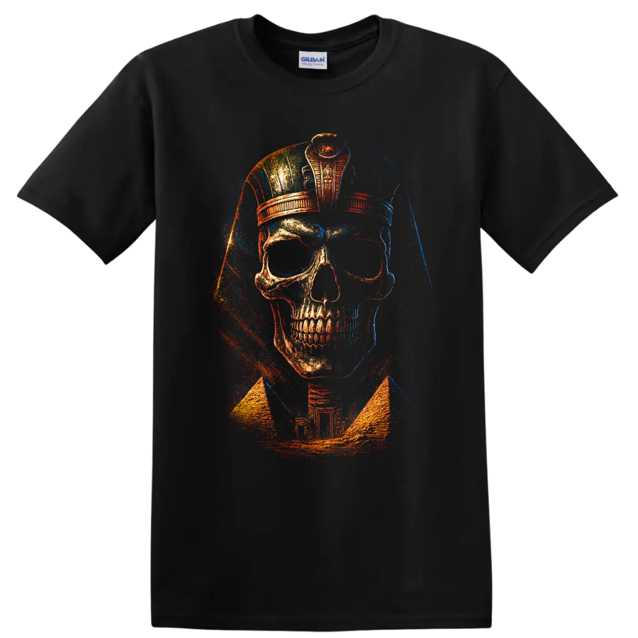 Distressed skull police officer cap graphic with red, blue, and gold artwork on a Black T Shirt